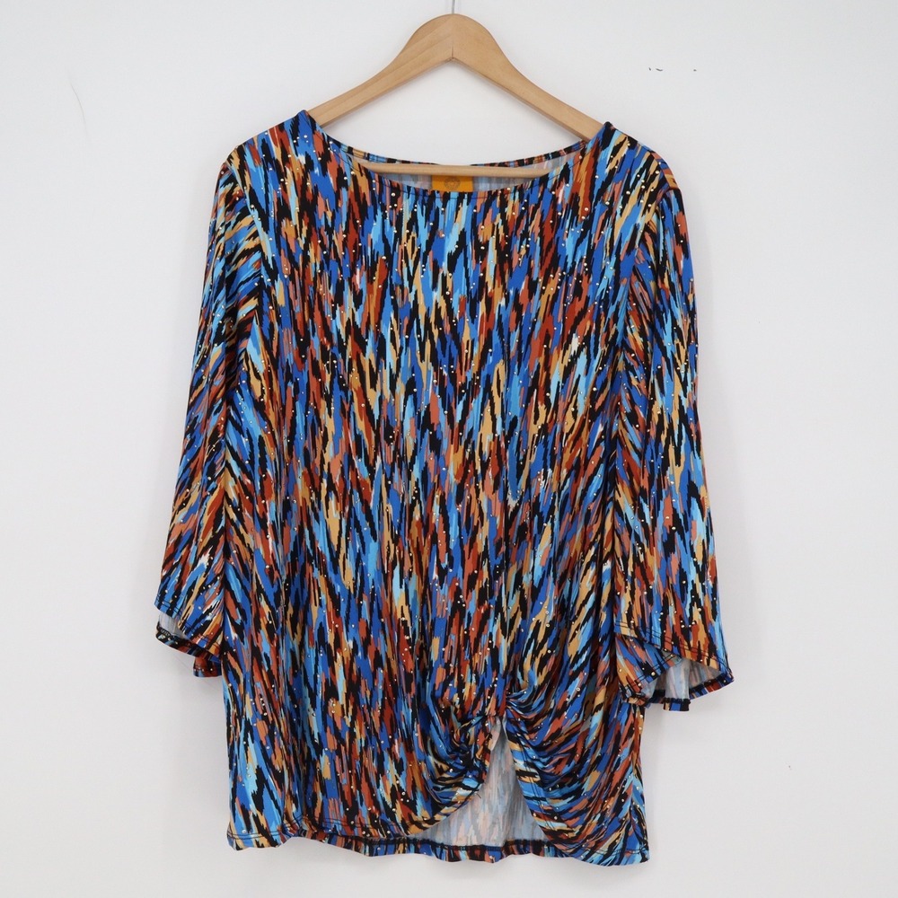 Ruby Rd. Woman Top Womens 2X Abstract Print Blue Orange Studded Knot Front Exc